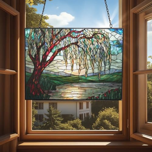 Art Nouveau Willow Pond Tree Stained Glass Window Hanging, Colorful Sun Catchers Glass Panel Rectangle Suncatcher Decor for Birthday for Women, Men, Wife, Aunt, and Mom 15"x11" - Image 4