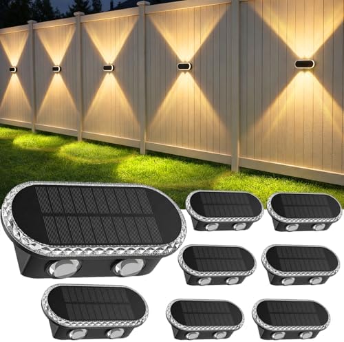 Solar Fence Lights Outdoor: IP65 Waterproof Wall Light Dual Up Down 8 Pack by Hiromeco