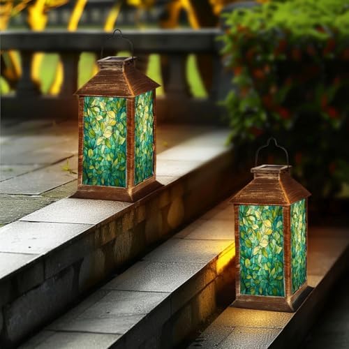 Solar Lantern Leaf Vine Stained Glass Teal Green Mosaic Style Outdoor Waterproof Hanging Solar Light Outside Lights for Patio Yard House Lawn Decor Birthday Gifts for Women Mom - Image 6
