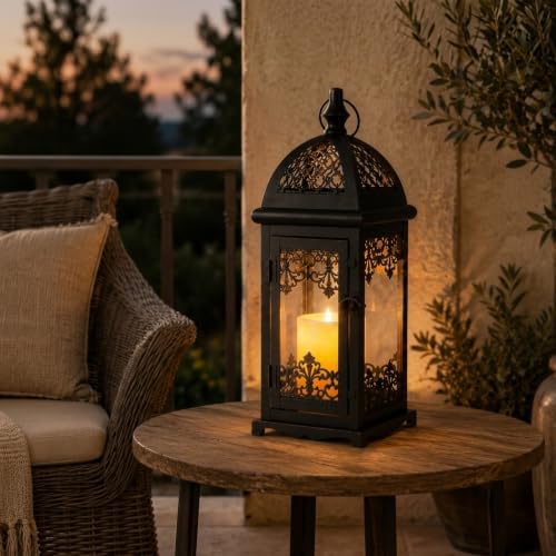 JHY DESIGN 15" High Decorative Candle Lantern Metal Candle Holder Vintage Hanging Lantern with Tempered Glass for Indoor Outdoor Home Living Room Wedding Party Patio Porch Decor (Black with Red Brush) - Image 4