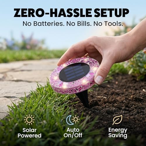 Bell+Howell 8 Pk Mosaic Solar Lights Outdoor LED Disk Pathway Lights, Pink - Image 3