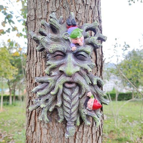 Whimsical Tree Face Garden Decoration ，Tree Faces Decor Outdoor Wallmounted Statue Art with Leaf Features, Outdoor Decor Garden Accessory (Green) by KARSTSYLVA