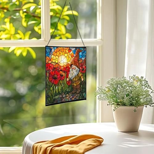Gnome with Poppy Field Stained Glass Suncatcher – Square Hanging Window Panel for Home or Greenhouse – Whimsical Glass Art Gift for Garden Lovers, Christmas, Halloween, Father Days wWvZmC - Image 3