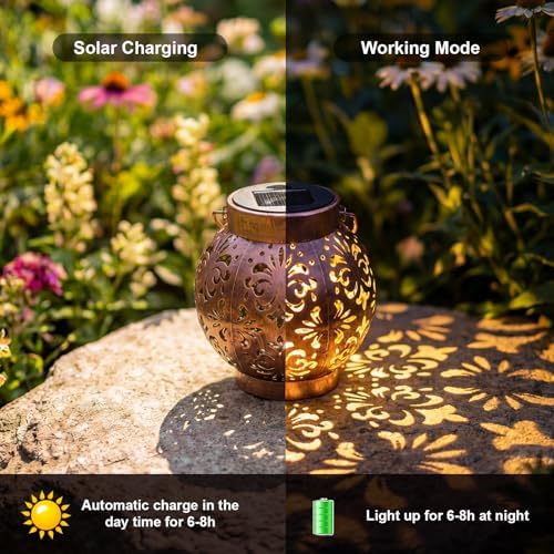 Edenseelake 2 Pack Solar Hanging Lanterns Outdoor Waterproof Flower Lights, Metal Decorative LED Lantern for Garden, Patio, Porch, Yard, Lawn, Bronze - Image 5