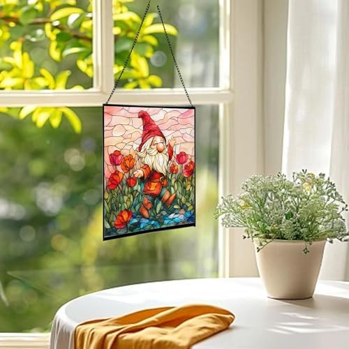 Poppy Meadow Gnome Stained Glass Suncatcher – Square Hanging Window Panel for Home or Greenhouse – Whimsical Glass Art Gift for Garden Lovers, Christmas, Halloween, Father Days Yxk5rr - Image 3