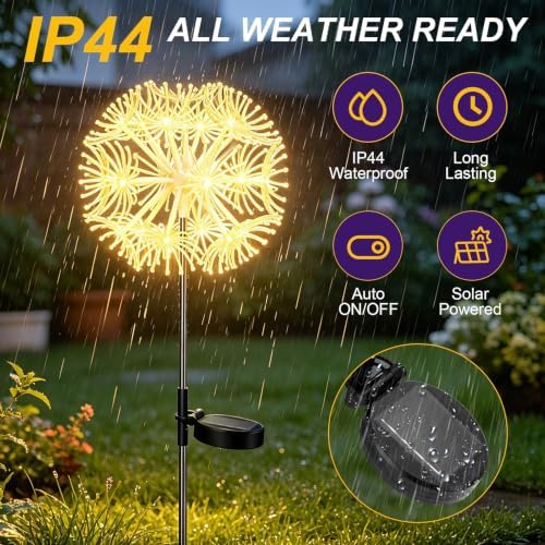 Solar Patio Lights, 2-Pack Warm Yellow Firework Outdoor Garden Twinkle - Image 3