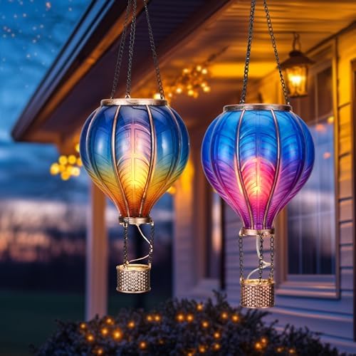 TERESA'S COLLECTIONS 2 Pack Hanging Solar Lantern Outdoor Garden Decor for Valentine,Waterproof Plastic Hot Air Balloon Blue Flickering Flame Effect Lantern for Yard Tree,Gift for Mom,18" - Image 6