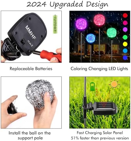 Solar Garden Lights Outdoor, Upgraded Globe Powered Garden Light, Multi-Color Changing LED Solar Stake Lights for Patio Backyard Pathway Party Decoration (Stainless Steel, 2 Pack) - Image 6