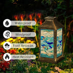 Solar Lantern Stained Glass Window Panel Flowing Waves Colorful Bubbles Blue Tones Outdoor Waterproof Garden Hanging Lantern Solar Powered Lighting Outside Table Lamp for Patio Deck Camping 1 Pack - Image 2