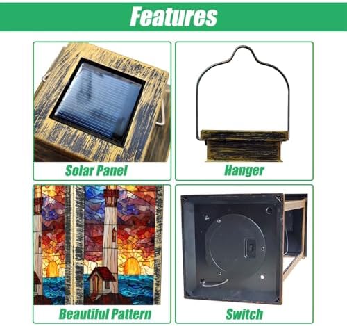 Solar Lantern Maritime Stained Glass Artwork Outdoor Garden Hanging Lantern Waterproof Solar Powered Lighting Outside Table Lamp for Deck Yard Camping Patio Decor - Image 3