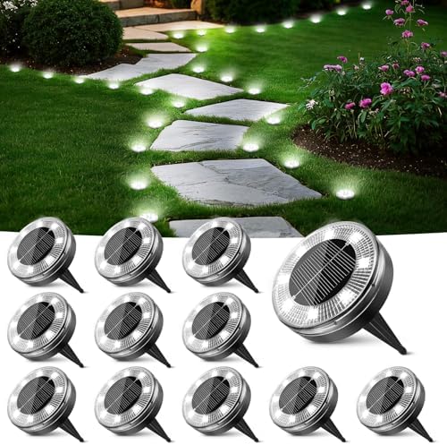 Peasur Mini Solar Ground Lights, 12 Pack Flat Solar Disc Lights Outdoor Waterproof, 2.3 Inch Small Solar Garden Lights Landscape Lighting for Outside Pathway Garden Yard Lawn Walkway,Cool White by Peasur