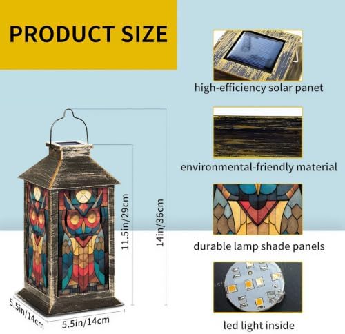 Solar Lantern Mid Century Stained Glass Owl Outdoor Waterproof Garden Hanging Lantern Solar Powered Lighting Outside Solar Light for Patio Yard Camping, Gifts for Women Mom - Image 2