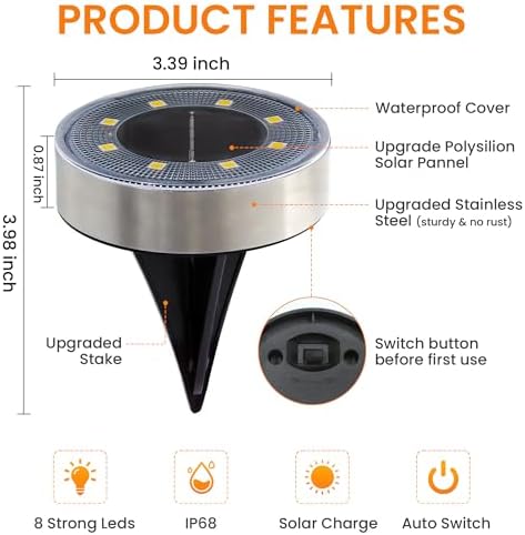Siatom Stainless Steel Solar Ground Lights 8 Pack, IP68 Waterproof Solar In-Ground Light for Outdoor, Flat Landscape Lighting, Garden Disc Light for Pathway, Walkway, and Yard - 8 Pcs (Cold White) - Image 3