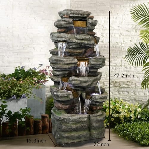 SunJet 47.2" High Cascading Rock Outdoor Water Fountain with LED Lights - Large Outdoor Resin Fountains and Waterfalls for Garden or Patio, Yard, and Deck Decor, Featuring Natural Stone Look - Image 4