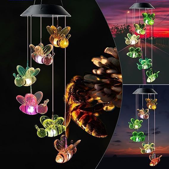 Hummingbird Solar Wind Chimes for Outside - Color Changing LED Outdoor Solar Lights Waterproof Windchimes, Home Garden Patio Yard Porch Decoration (Bee) - Image 2