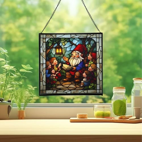 Gnome Storyteller Stained Glass Suncatcher – Square Hanging Window Panel for Home, Garden, Nursery, Halloween, Christmas, Memorial Day – Whimsical Glass Art Gift for Gnome Lovers 6ue5qx - Image 2