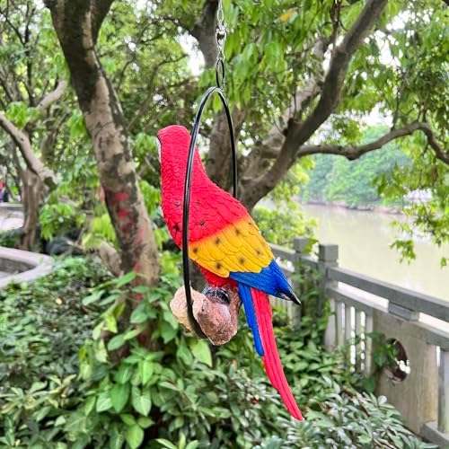 Hanging Scarlet Macaw Parrot Perching on Branch in Metal Round Ring for Home Patio Garden Decor 16" H (Red and Yellow) - Image 4