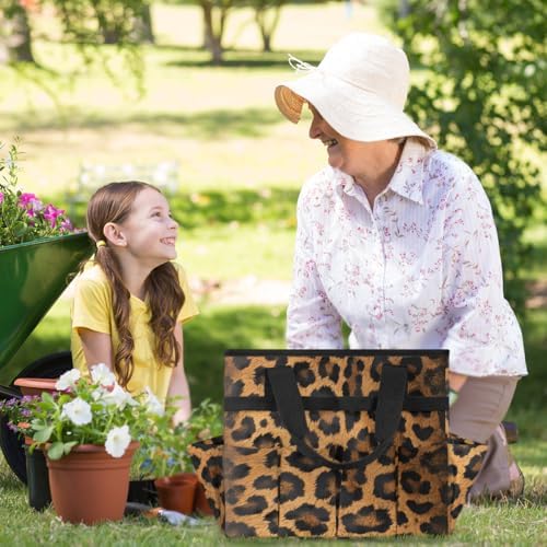 Leopard Print Garden Tool Bag Organizer Heavy Duty Wild Safari Skin Pattern Gardening Tote Bag with 10 Pockets for Women Men Gardening Gifts - Image 2