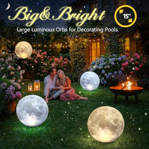 Full Moon Floating Pool Lights Solar Powered - 15" Inflatable Waterproof Solar Pool Lights that Float, Cool White & Warm White Light Up Pools Balls, Float or Hang in Pond Garden Party Decor(4) - Image 2