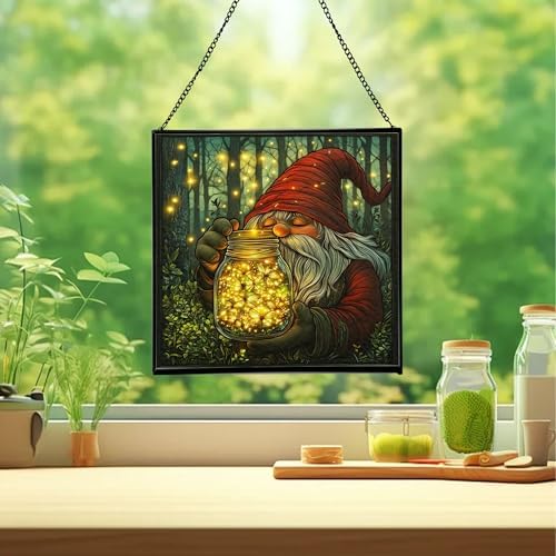Firefly Jar Gnome Stained Glass Suncatcher – Square Hanging Window Panel for Home or Greenhouse – Whimsical Glass Art Gift for Garden Lovers, Christmas, Halloween, Father Days 4zcs2j - Image 2