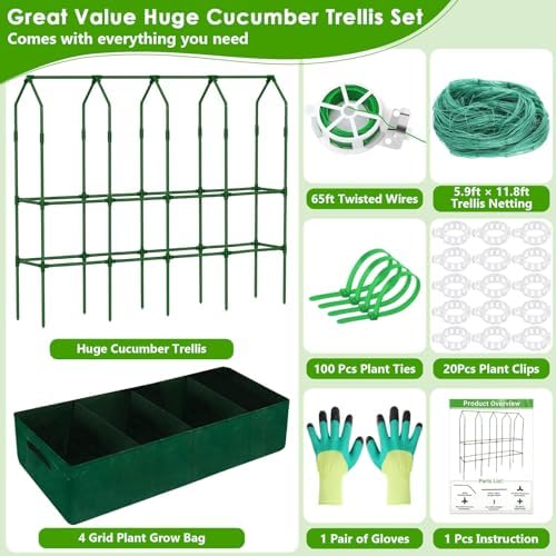 Large Cucumber Trellis for Climbing Plants with Grow Bag, 67"×65"×16.5" Metal Garden Trellis for Raised Bed with Garden Netting and Plant Clip Plant Ties for Vegetables, Squash, Pea, Grape, Tomato - Image 3