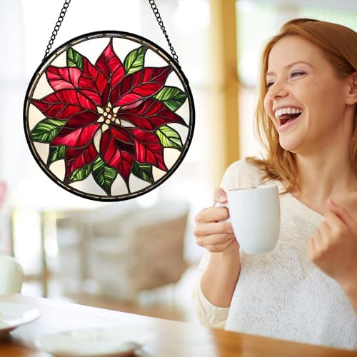 Red Poinsettia Flower Stained Glass Window Hanging Suncatcher Gifts 9.8" - Image 3