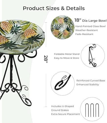 Large Glass Bird Bath with Metal Stand, Pineapple - Image 6