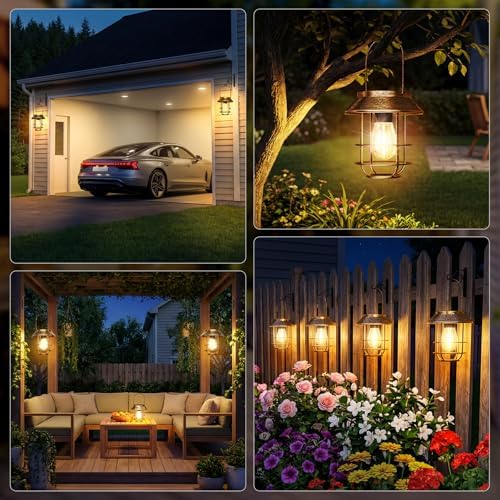 Metal Solar Lanterns, Bronze Hanging Solar Lights for Outside, 4 Pack - Image 2