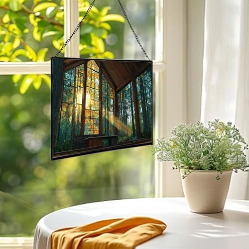Sun Shining Through Window in Forest Chapel Rectangular Stained Glass Suncatcher – Hanging Window Panel with Animal & Nature Scene – Vibrant Glass Art Gift for Wildlife, Fantasy, Nature Lovers w19xzI - Image 2