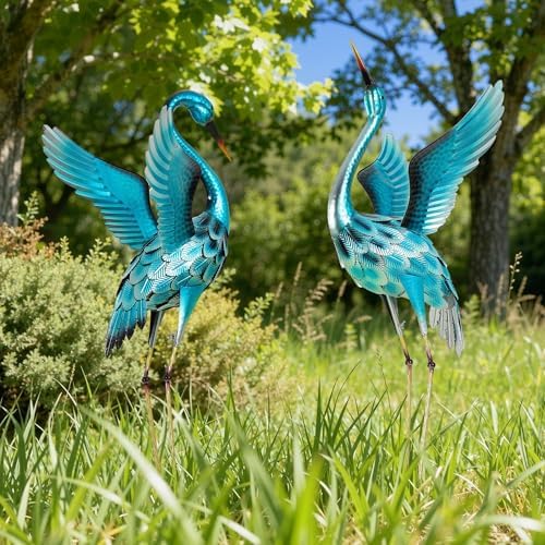 47.5" Metal Crane Statue, Extra-Large Blue Heron Decor Set of 2 - Image 3