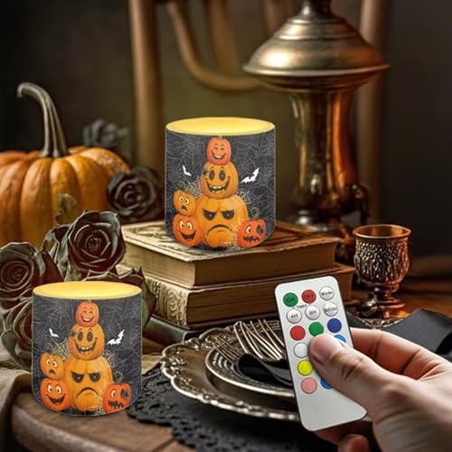 4 Pack Flameless Candles with Remote Halloween Pumpkin Bat Battery Operated Pillar Candles with Timer LED Elictric Tealights for Trick or Treat Party Banquet Home Decorations - Image 3
