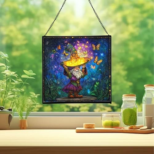 Magic Hat Gnome Stained Glass Suncatcher – Square Hanging Window Panel for Home or Greenhouse – Whimsical Glass Art Gift for Garden Lovers, Christmas, Halloween, Father Days IbK4m8 - Image 2