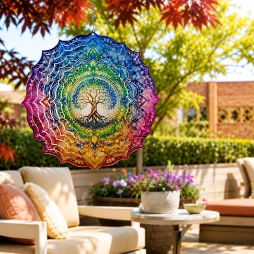 Shwing 12 Inch Wind Spinner Rainbow Tree of Life Hanging Decor Colorful Spiritual Metal Ornament Outdoor Kinetic Garden Art 3D Wind Spinner for Patio Porch Balcony Backyard Meditation Decoration - Image 6