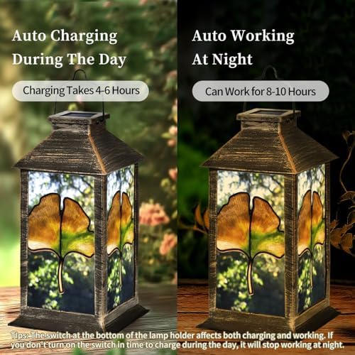Solar Lantern Ginkgo Leaf Stained Glass Multicolor Tree Sunlight Green Outdoor Waterproof Garden Hanging Lantern Solar Powered Lighting Outside Table Lamp for Patio Deck Camping 1 Pack - Image 3