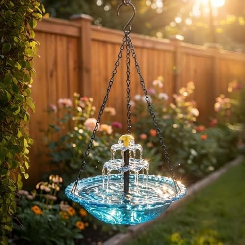 Solar Hanging Bird Bath Fountain, Solar Powered Cascading Outdoor Water Fountain, with Solars Pump, Outdoors Decor Hummingbird Bath Shower Bowl Kit Garden Gift Yard Patio Backyard Decoration (Blue) by Unknown