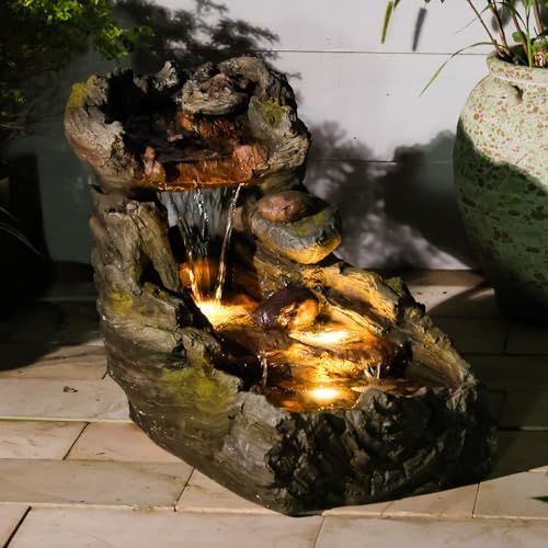 32.5" L Garden Outdoor Water Fountain, Floor Standing Cascading Realistic Tree Trunk Natural Waterfall Outdoor Fountains with LED Lights for Patio, Porch, Home Art Decor by Sunlinua