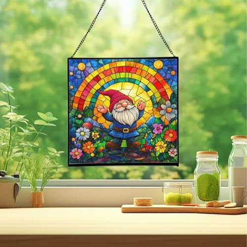 Gnome Under Rainbow Arch Stained Glass Suncatcher – Square Hanging Window Panel for Home or Greenhouse – Whimsical Glass Art Gift for Garden Lovers, Christmas, Halloween, Father Days EA6rv4 - Image 2