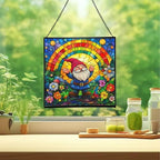 Gnome Under Rainbow Arch Stained Glass Suncatcher – Square Hanging Window Panel for Home or Greenhouse – Whimsical Glass Art Gift for Garden Lovers, Christmas, Halloween, Father Days EA6rv4 - Image 2