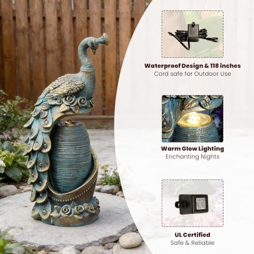 Tankana Peacock Outdoor Water Fountain 32" H Cascading Waterfall Fountain with LED Lights & Pump Tiered Water Feature for Garden, Patio, Backyard, Deck, and Porch Decor, Bronze - Image 5