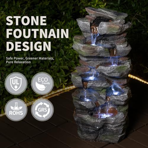 Polibi Outdoor Water Fountain with LED Lights, Rock Waterfall Garden Fountain, Tiered Cascading Resin Fountain for Patio Backyard Lawn Porch, Outdoor Water Feature with Pump, Gray - Image 6
