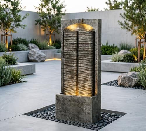 39" Modern Freestanding Wall Fountain with Pump & Warm LED Lights, Weather-Resistant Dual Water Wall Feature for Garden, Patio, Porch & Backyard Decor by Unknown