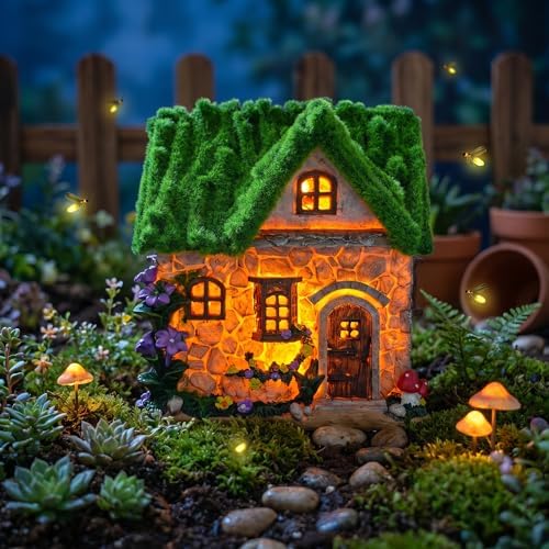 Solar-Powered LED Fairy Garden Cottage, Resin Miniature Stone House with Flocked Moss Roof, Outdoor Patio Yard Decor, Waterproof Garden Ornament with Warm Lights for Lawn, Pathway & Fairy Garden by COWOS