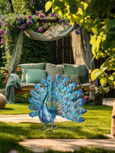 YEAHOME Garden Decor Outdoor Statues, 22.4" Large Metal Peacock Standing Yard Art, Blue Green Bird Lawn Sculptures Garden Decor for Outside Patio Porch Backyard - Image 4