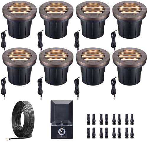 Landscape Well Light Kit, 8 Pack Low Voltage In Ground Lights and 100W Transformer and 100FT Cable and 30 Wire Connectors, IP67 Waterproof Outdoor, Grill Top Aluminum for Path Tree by Varmtalys