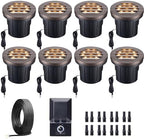 Landscape Well Light Kit, 8 Pack Low Voltage In Ground Lights and 100W Transformer and 100FT Cable and 30 Wire Connectors, IP67 Waterproof Outdoor, Grill Top Aluminum for Path Tree by Varmtalys