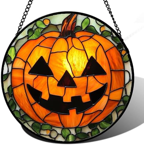 Stained Glass Window Hanging, Halloween Pumpkin Suncatcher, 11.8" Jack-o'-Lantern Ornament & Garden Decor, Christmas Stocking Stuffer, Birthday for Women Mom Grandma Nana by Unknown