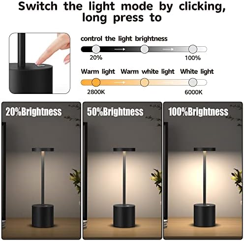 2Pack Cordless Table Lamp, Rechargeable LED Battery 5000mAh Metal USB Portable Powered Desk Lamp, 3 Levels Brightness Light for Restaurants Outdoor (2pack 10.25in Black) - Image 2