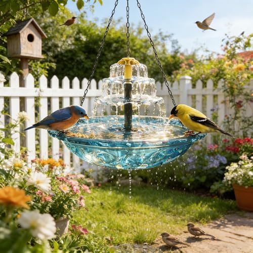 2026 New Solar Cascade Hanging Bird Bath Fountain, 3 Layers Outdoor Water Feature, Outdoor Hanging Bird Bath with Solar Fountain, with Solar Pump & Glass Bowl, for Outdoor, Gardens (Blue) by Unknown