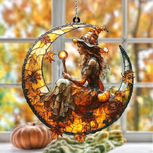Autumn Witch Crescent Moon Acrylic Suncatcher - Faux Stained Glass Indoor Window Hanging Ornament, Outdoor Sun Catcher Panel, Home Decor Gift for Autumn Lovers by Unknown