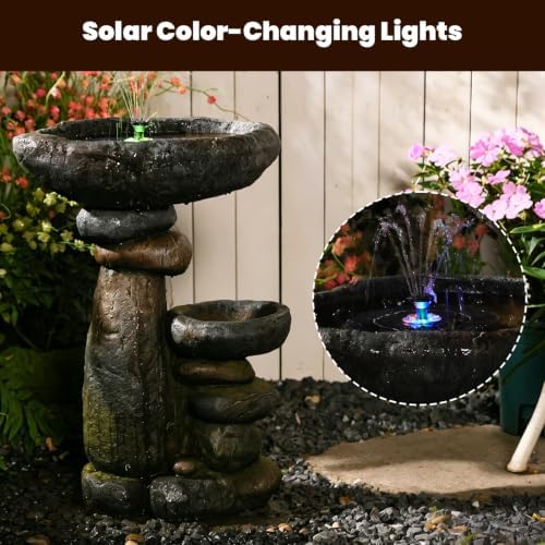 Solar Water Fountain for Bird Bath, Solar Powered Freestanding Water Feature with LED Lights, Multi-Tier Stacked Stone Bird Feeder & Planter for Yard, Porch and Outside Decor - Image 6